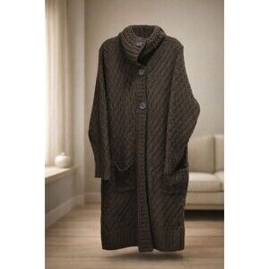 Caslon Plus Size 2X Long Chunky Knit Cardigan Brown Wool Blend Duster Pockets